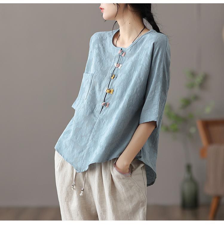 复古薄款盘扣防亚麻上衣女士夏季短袖不规则白色T恤打底棉麻衬衣详情8