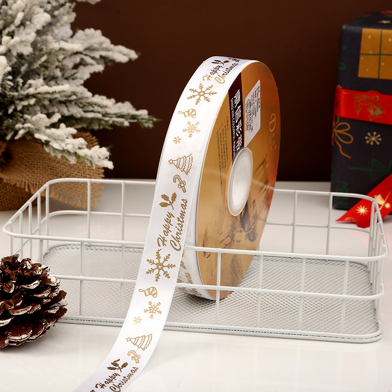 Dingxin 2.5CM Christmas ribbon in stock wholesale, gold-embossed snowflake DIY Christmas gift packaging color ribbon Polyester ribbon pic 11
