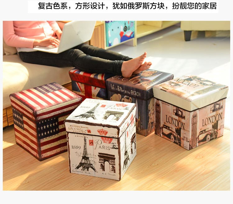 British retro square non-woven fabric storage stool, folding storage stool, BOX storage box, fabric storage box pic 11