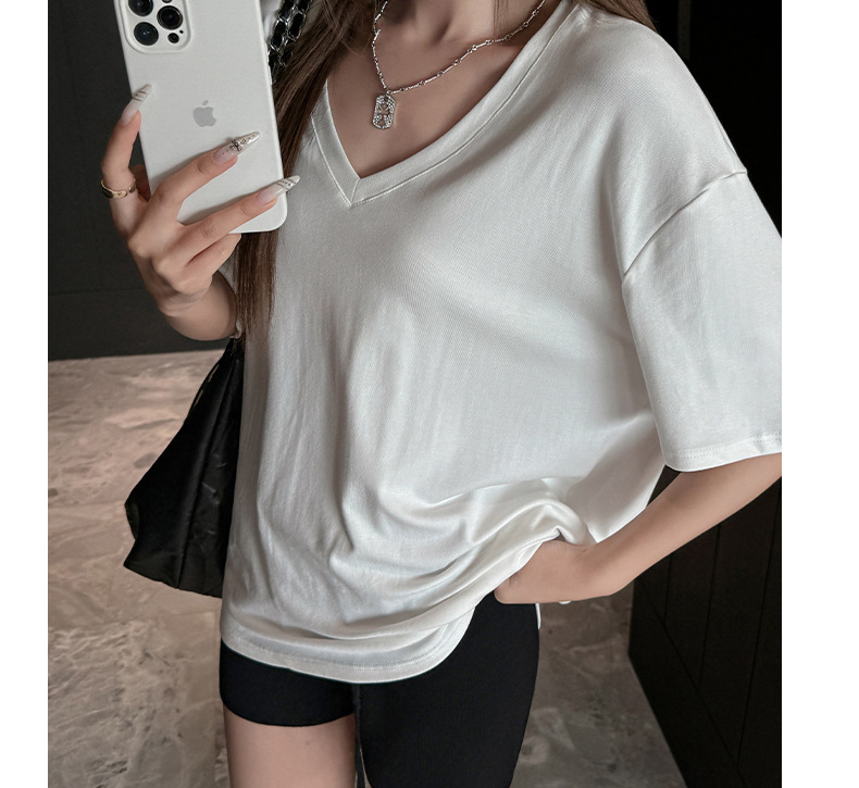 夏季韩系大版落肩袖V领短袖t恤女式基础款外穿高级感慵懒风上衣潮详情19