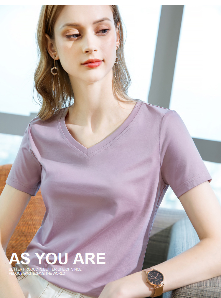 冰感丝光棉短袖t恤女2024新款女装气质v领纯棉体恤纯色高级感上衣详情15