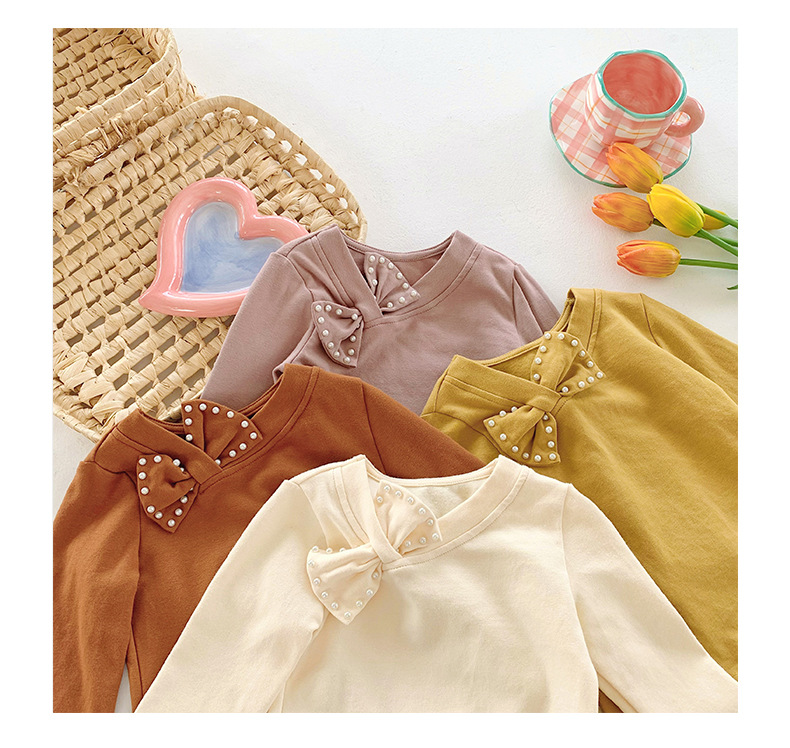 厂家直销2022秋季新品珍珠蝴蝶结长袖女童打底衫儿童全棉t恤韩版详情9