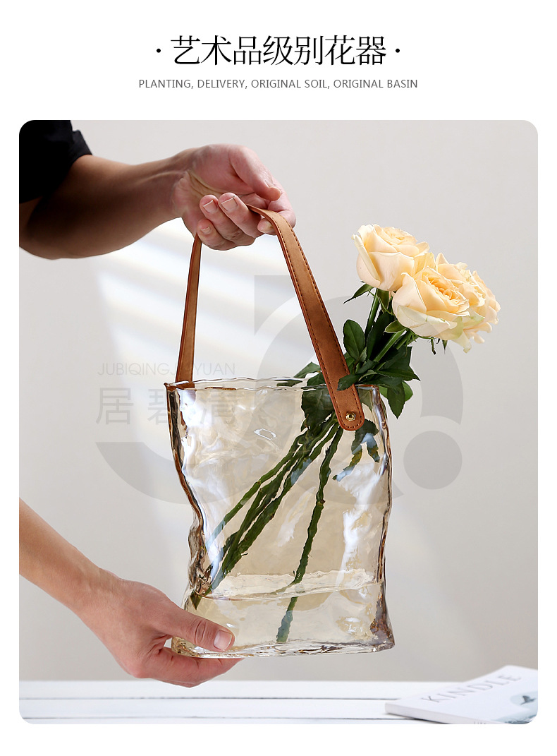 北欧ins风皮带褶皱手提包包玻璃花瓶设计师奶油鲜花花篮详情2