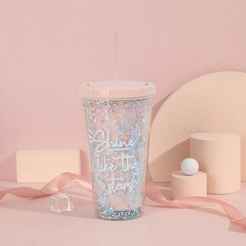 Summer new double-layer household carrying straw ice cup, popular star sequined creative plastic student gift water cup pic 9