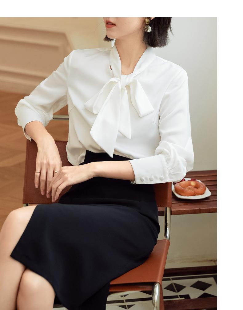 百薇秋季新品飘带女式衬衫潮流蝴蝶结女装通勤风纯色开衫系带上衣详情11