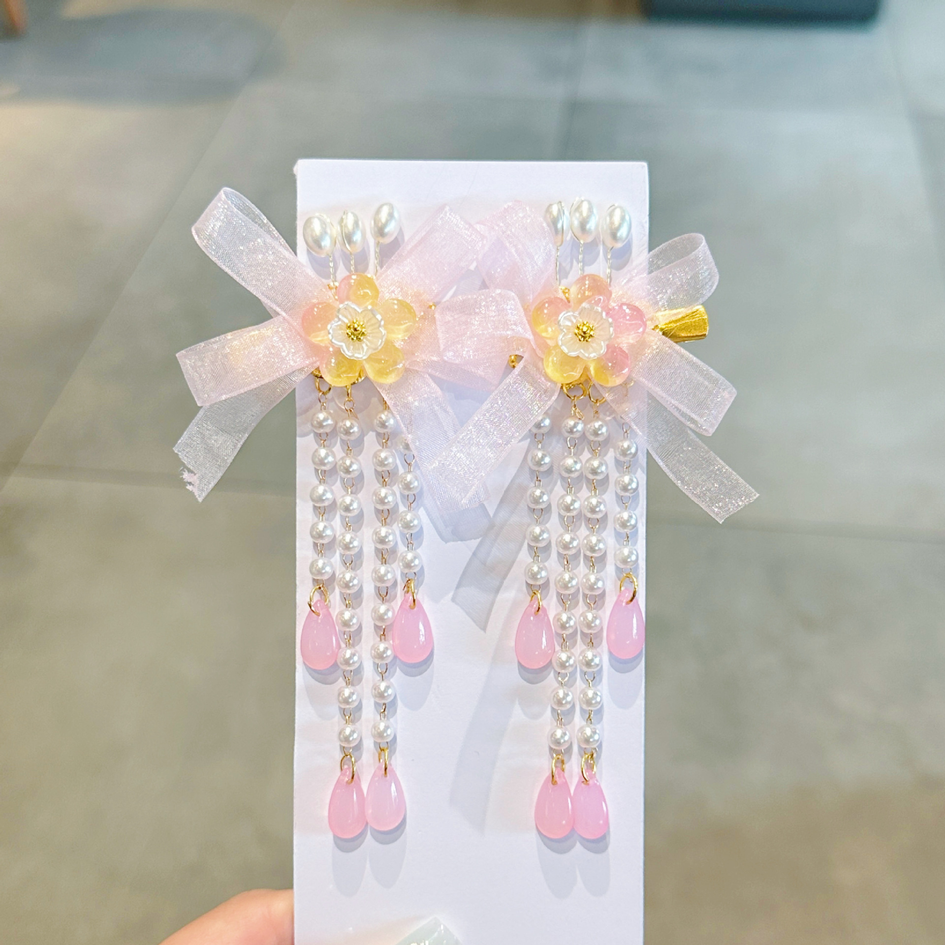 儿童发夹 国潮系列新款古风花朵蝴蝶珍珠流苏中国风琉璃对夹女孩汉服头饰详情37