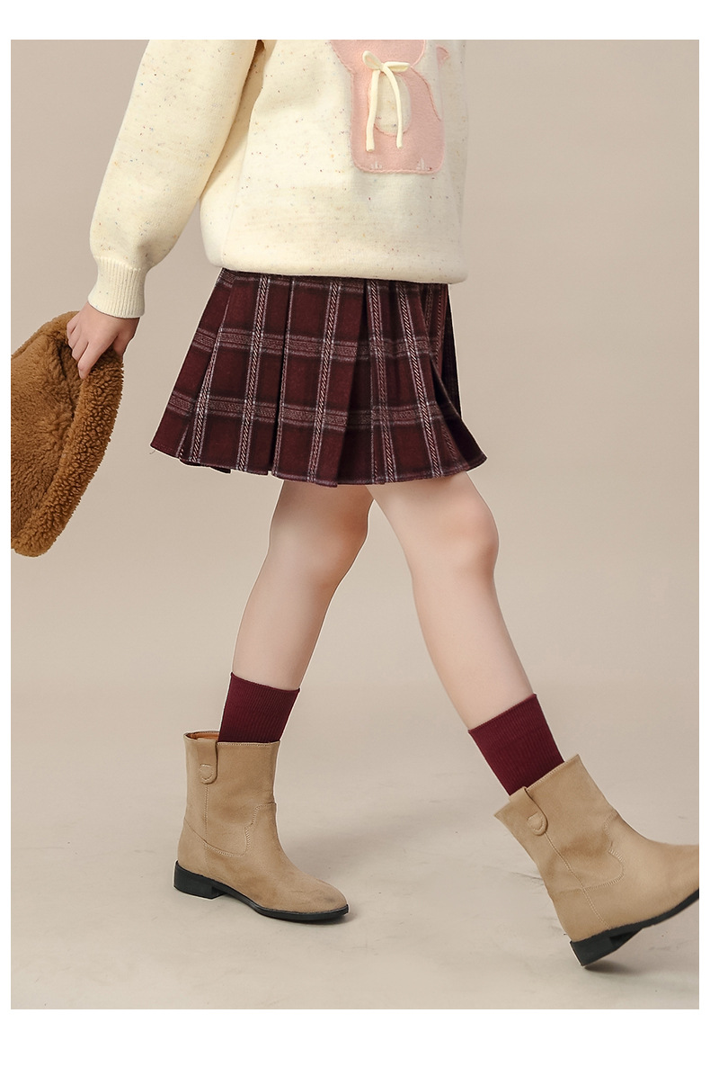 红色圣诞新年款女童磨毛条纹百褶裙秋冬新款中大童毛呢格子半身裙详情9