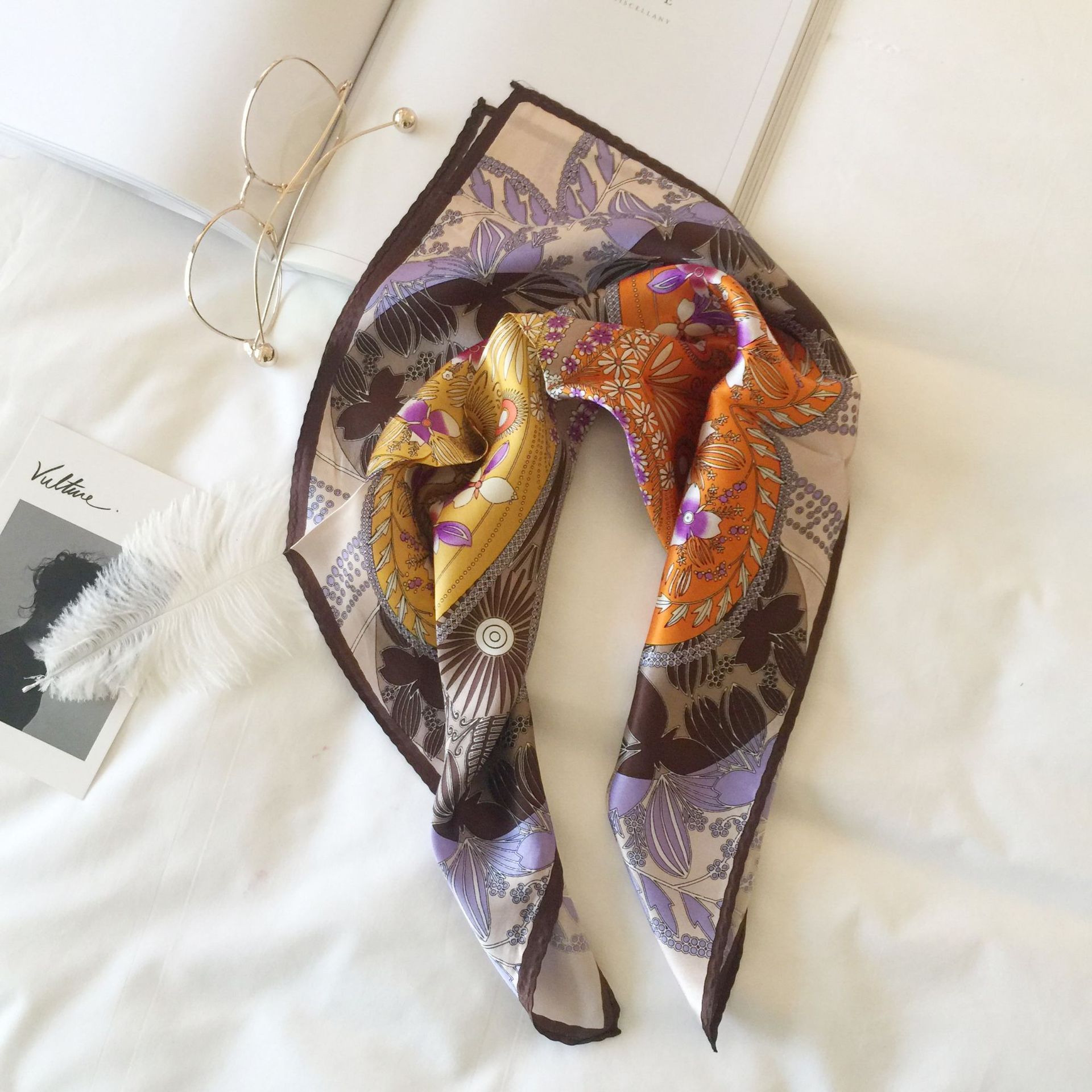 Wholesale silk scarves for overseas gifts and return gifts, cross-border silk autumn and winter decorative plain crepe satin 53cm floral neckerchiefs, small square scarves pic 86