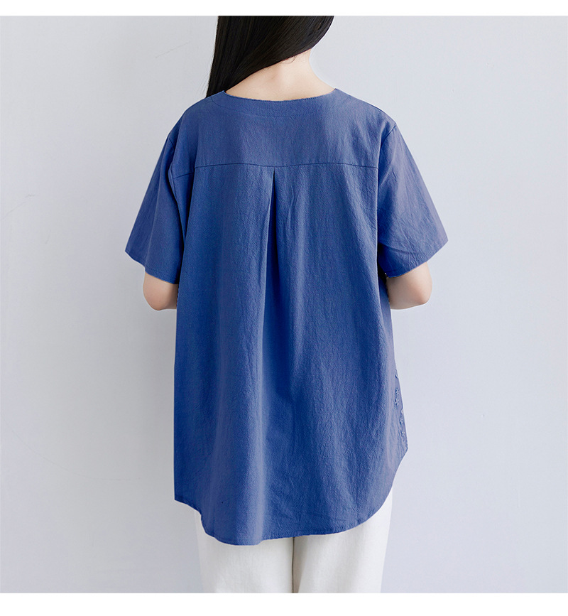 2022夏季新款速卖通欧美女装蕾丝刺绣短袖衬衫宽松女士上衣T恤详情11