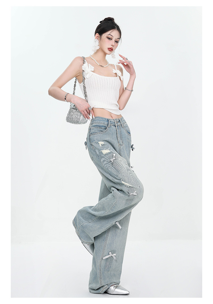 Large-sized retro three-dimensional bow ripped jeans for women with a summer design sense, high-waisted straight-leg loose wide-leg pants pic 10