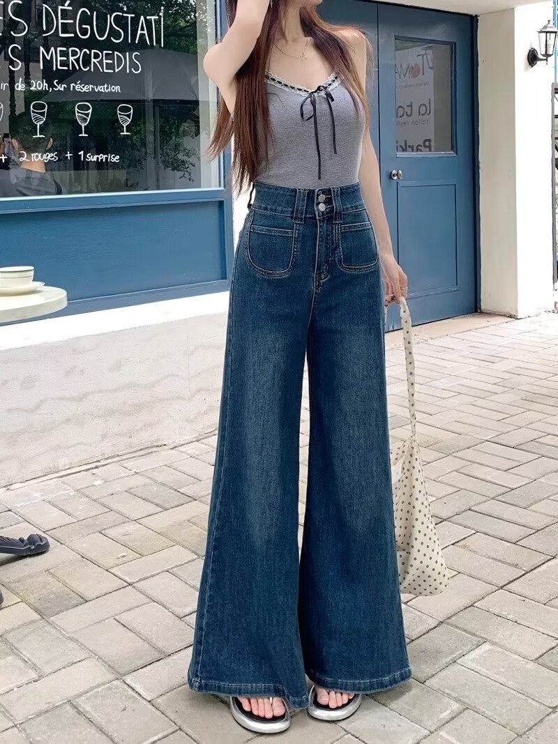 2024春秋季新款蓝色高腰宽松牛仔裤女时尚爆款设计感阔腿直筒长裤详情5