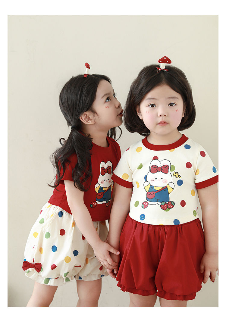 吾里卜一 女童小兔印花半袖T恤2024夏季儿童甜美可爱撞色短袖体恤详情13