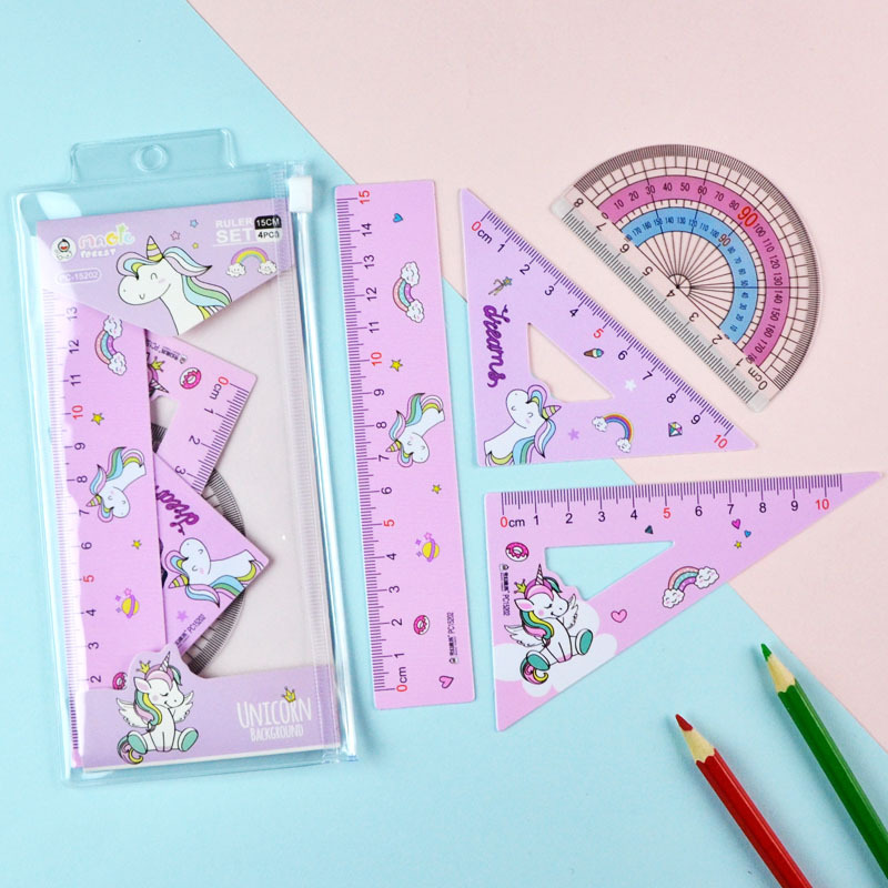 Ruler set, Unicorn cartoon student ruler set, 15cm straight ruler, set of set, protractor, 4-piece custom ruler pic 14