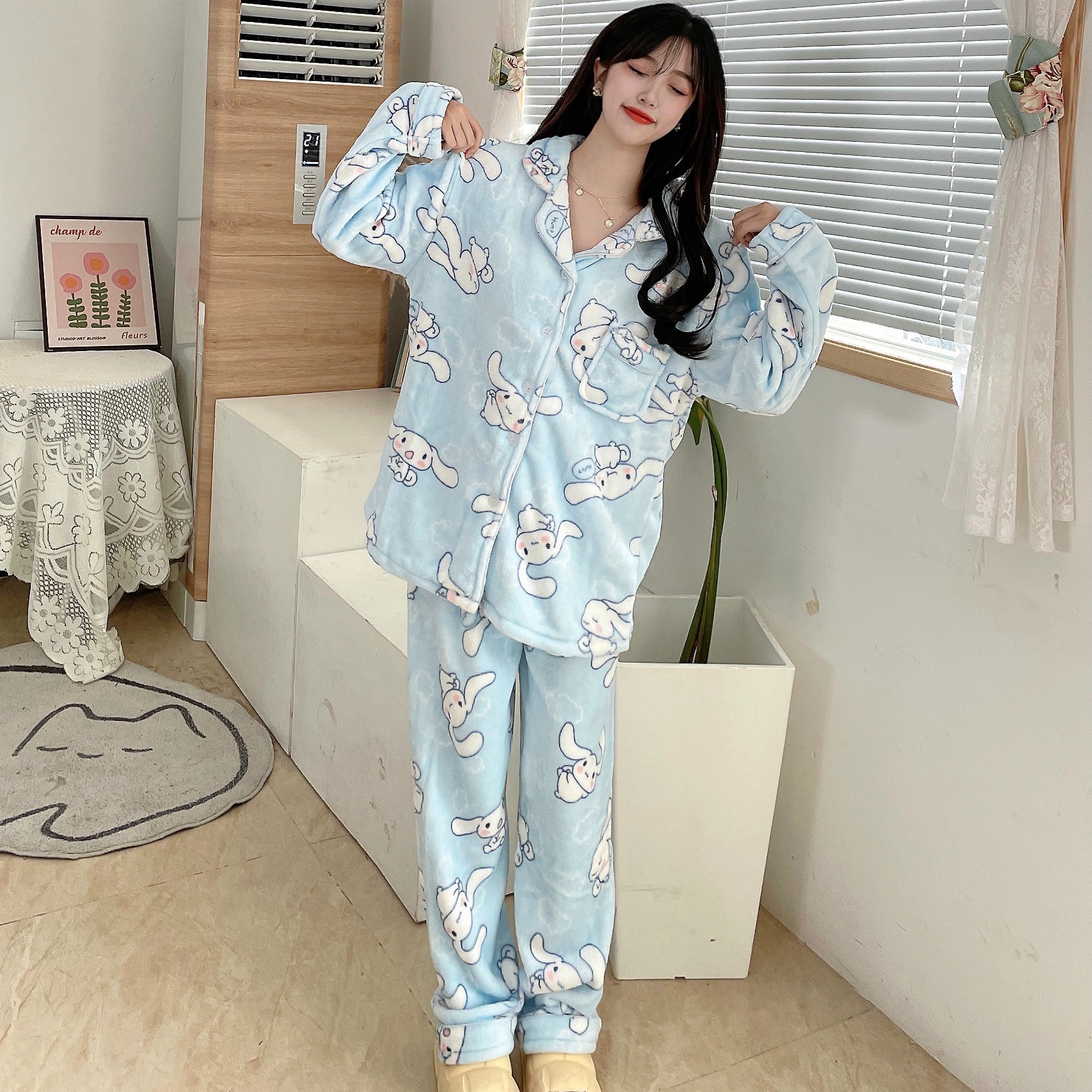冬季法兰绒女士睡衣翻领开衫长袖长裤少女卡通可爱保暖家居服套装详情36
