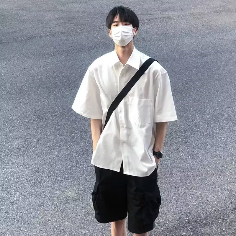 2023新款夏季痞帅宽松纯白色高级感衬衫男士短袖休闲衬衣一件代发详情1