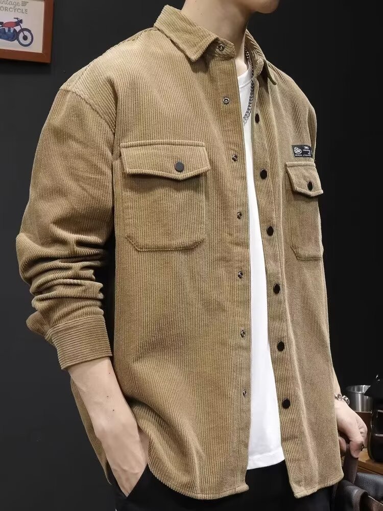 春秋新款男士灯芯绒衬衫 日系复古休闲百搭工装长袖上衣 外套搭配羽绒服保暖时尚详情34