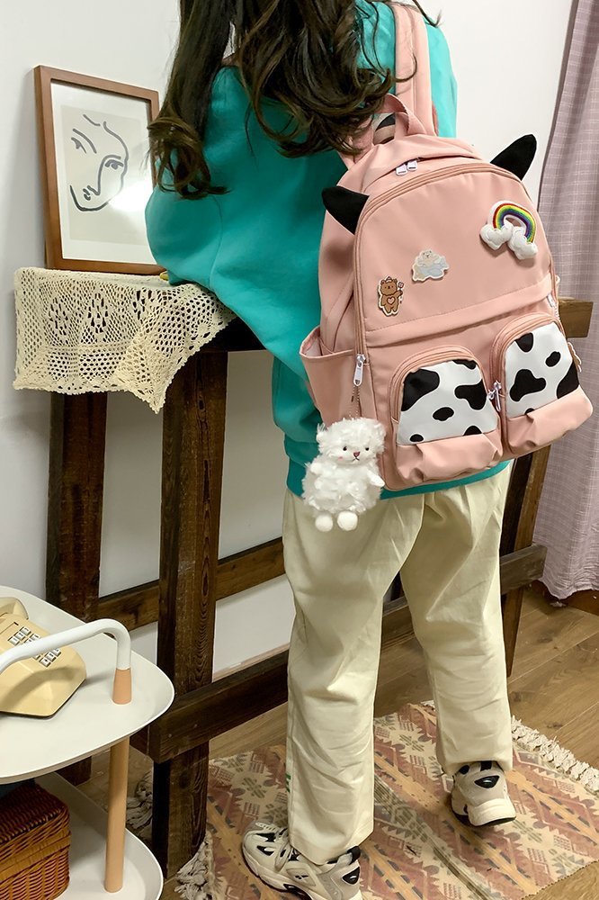 Japanese-style ins campus school style, fresh and cute, cute cow with earbuds, soft girl schoolbag, funny student backpack pic 66