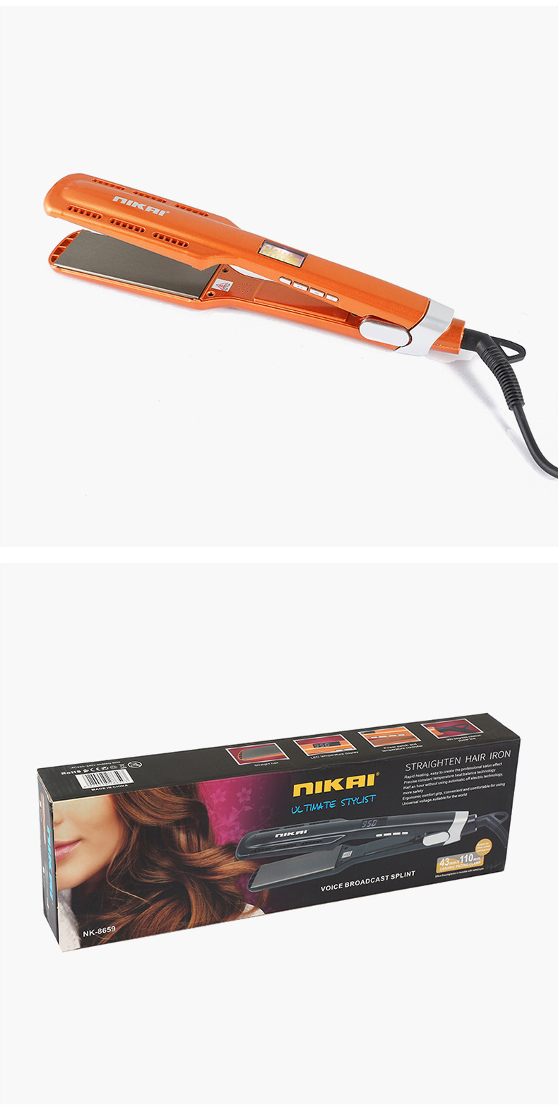 新款直板夹直发器不伤发拉直语音播报家用负离子电夹板拉发器批发NIKAI详情13