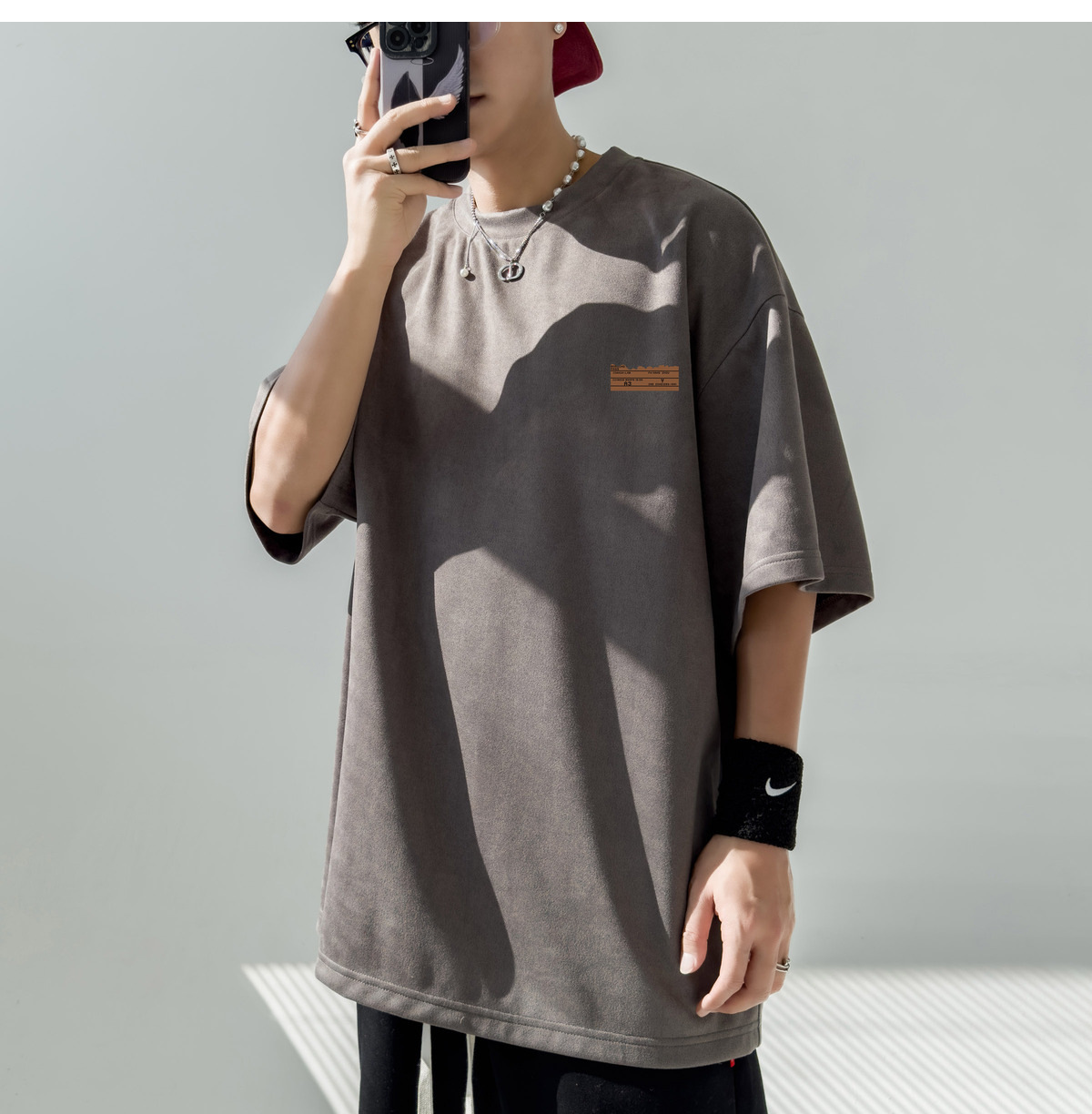 简恒咖色重磅美式复古男士短袖t恤夏季男款百搭仿麂皮绒定制T恤潮详情12