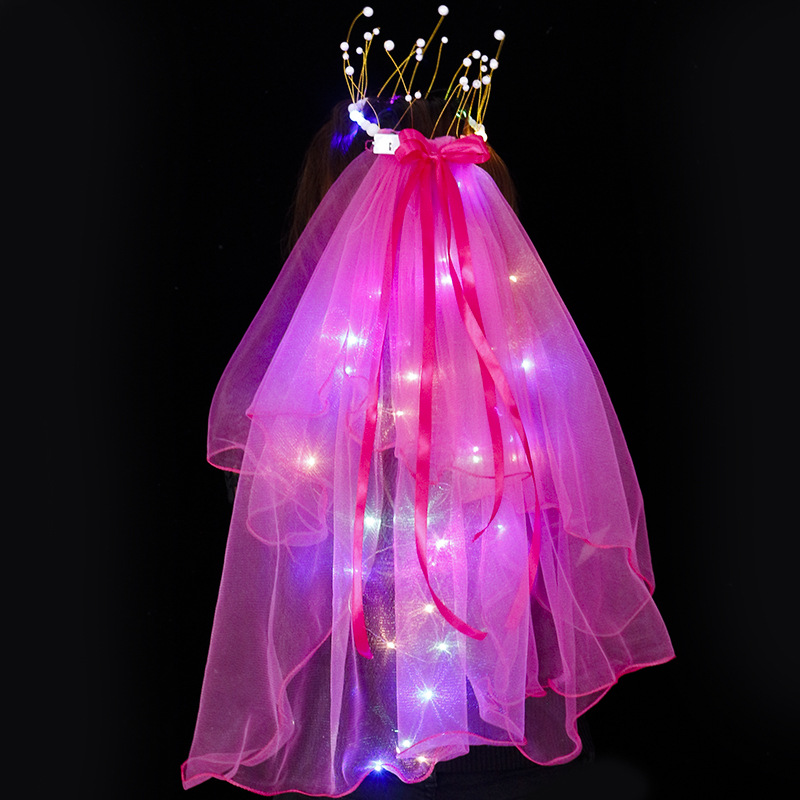 彩色头纱带灯发光双层流苏珍珠皇冠闪光丝带蝴蝶结头纱头饰夜市地详情9