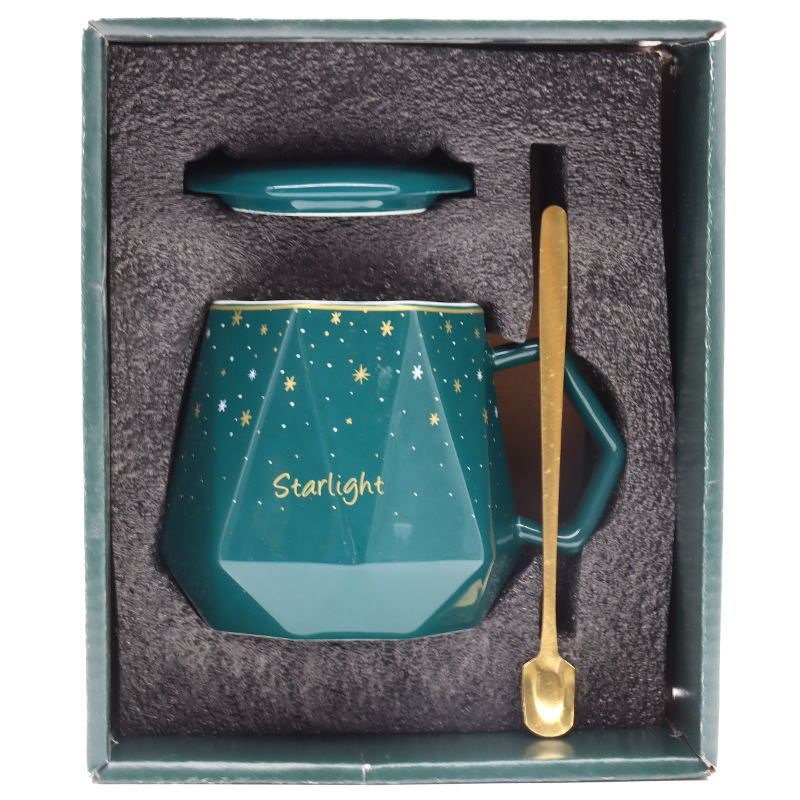 Hot-selling creative ceramic diamond starry sky cup mug, personalized handle with lid spoon set cup, Nordic ins style gold-plated large capacity breakfast cup, personal business gift cup, hand-held small gift box, guest logo available pic 6