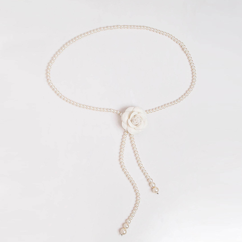 女士优雅珍珠布花甜美时尚高雅山茶花腰链质感汉服连衣裙装饰腰带详情7
