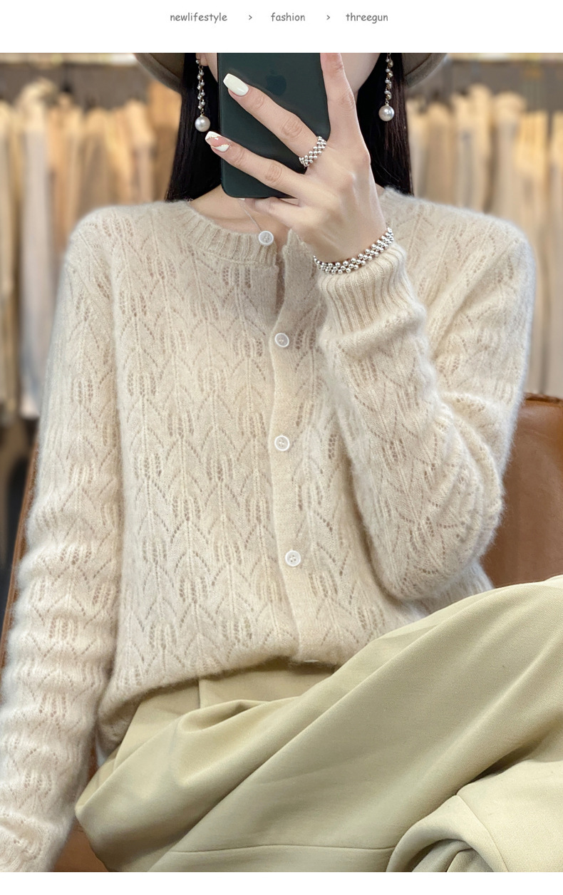 The 2023 autumn new collection features a highly anticipated hollowed-out wool cardigan jacket for women, a long-sleeved base sweater, and a thin outerwear pic 16