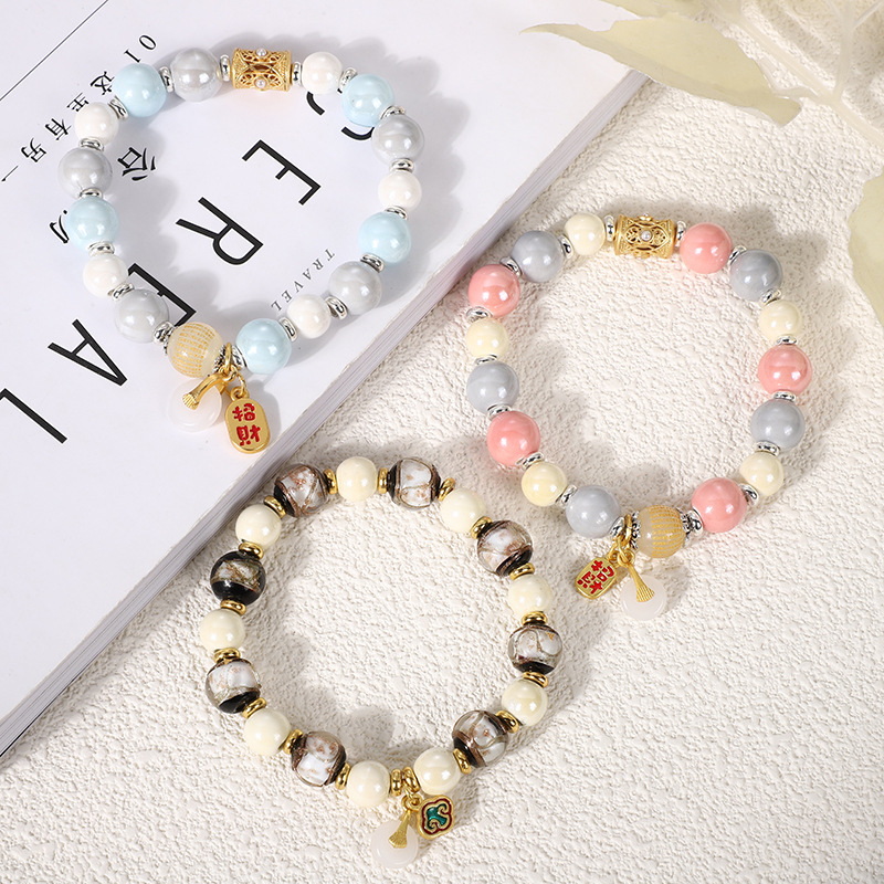 Classical incense ash porcelain glazed heart bracelet Macaron series wealth and good fortune bracelet for men and women single-circle cultural and artistic jewelry pic 5