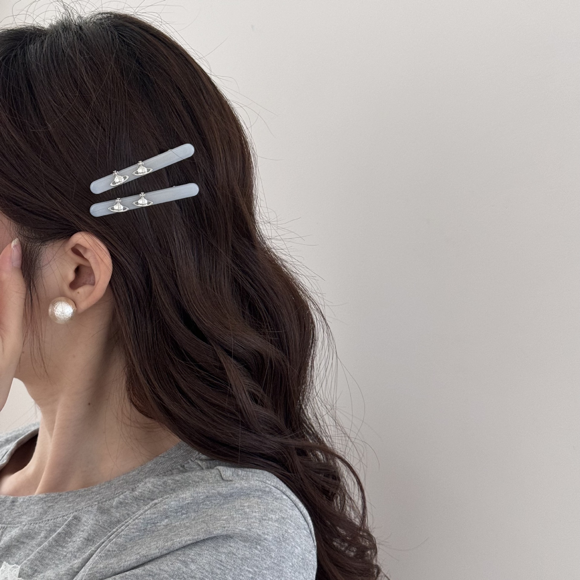 夏日甜酷雾色灰蓝合金星球土星发夹高级感时尚发饰边夹侧边刘海夹详情5