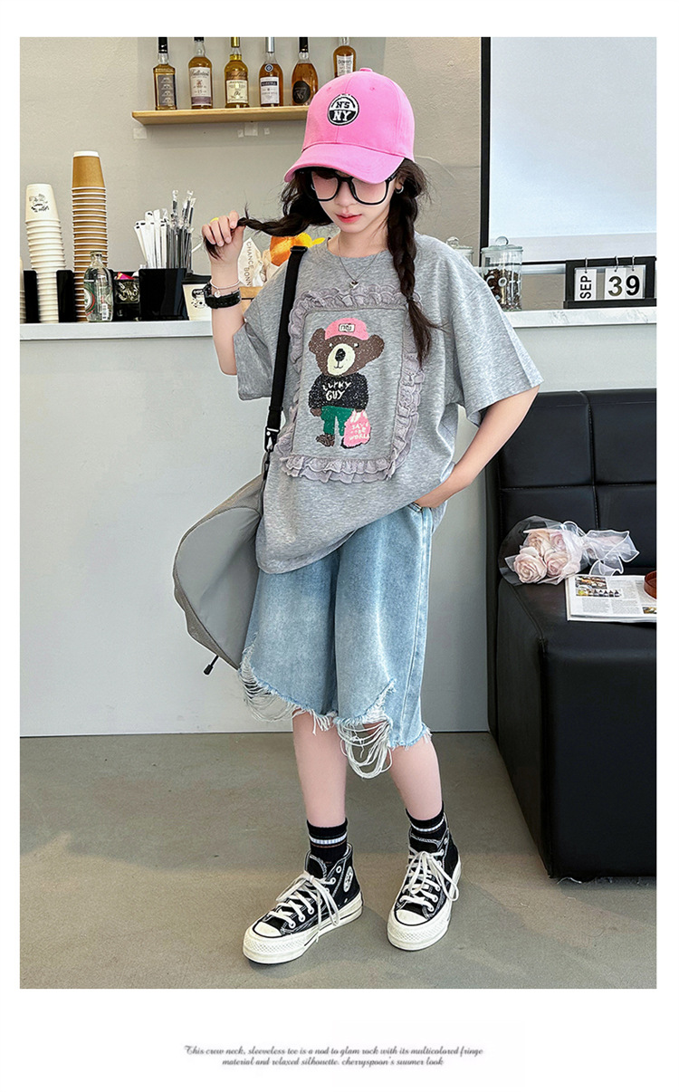女童夏装短袖T恤2024年新款中大童夏款洋气流行爆款卡通小熊上衣详情5