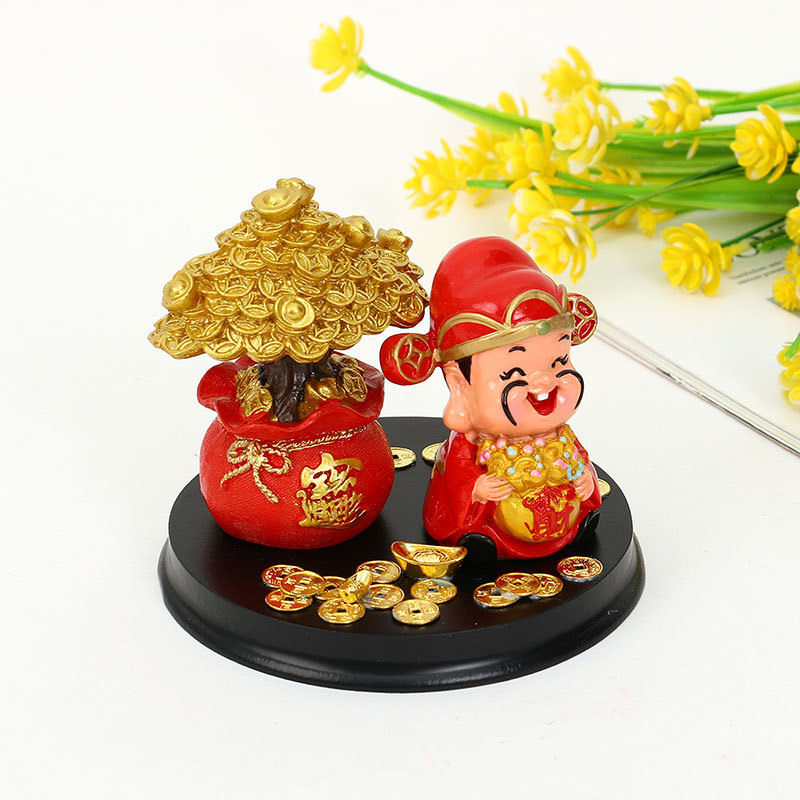 现代创意树脂工艺品财神爷发财树搭配铜钱元宝家居装饰摆件详情3
