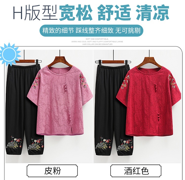 Summer clothing sets for middle-aged and elderly people, cotton and linen, short-sleeved for grandmothers and mothers, summer pure cotton T-shirts, clothes for the elderly and grandmothers pic 7