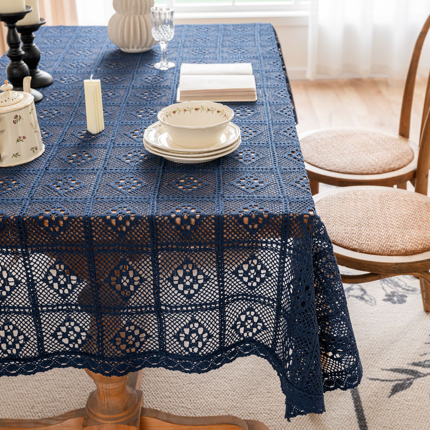 Cross-border hollowed-out hidden deep blue tablecloth, retro crochet photo art book, personalized cotton thread woven tablecloth cover pic 9