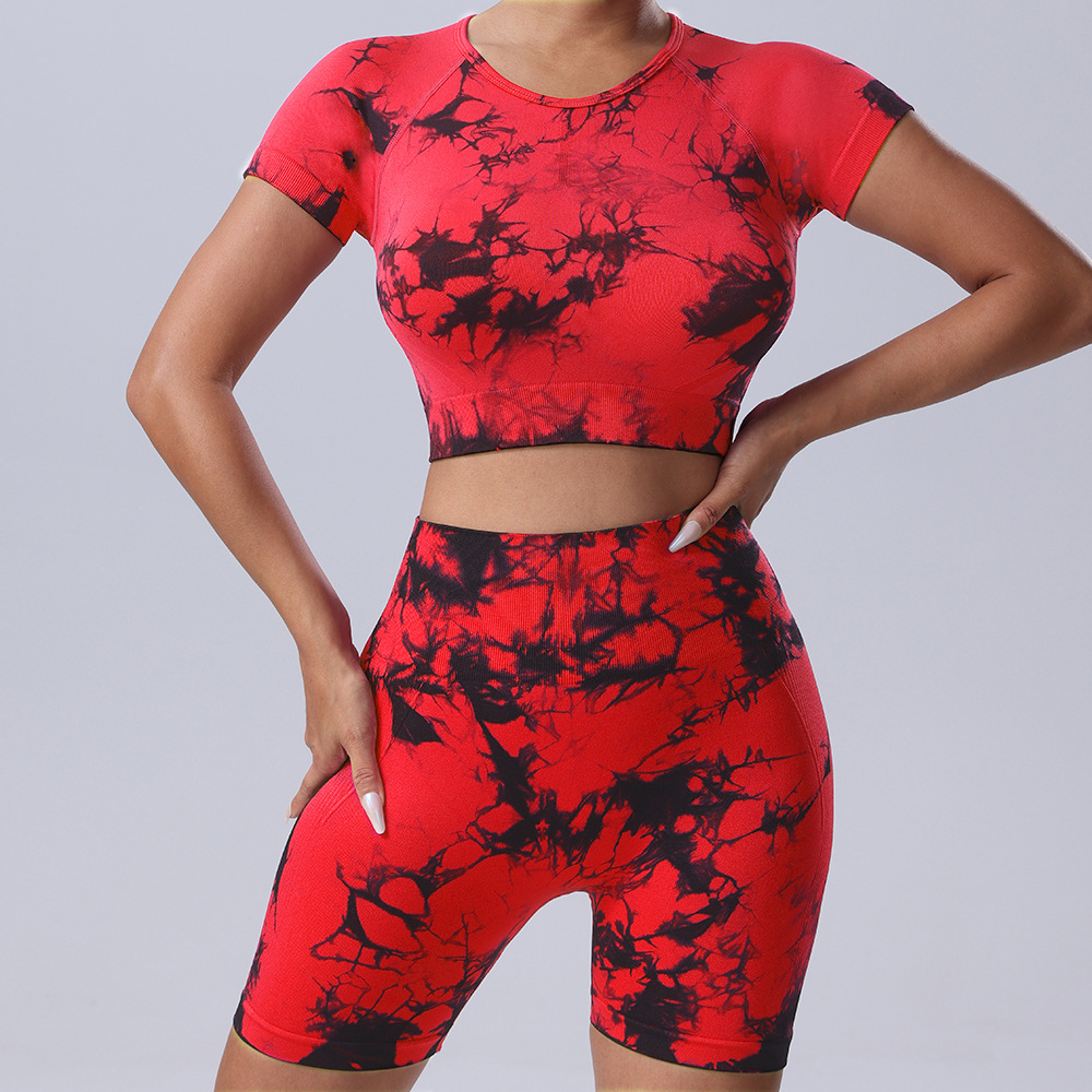 欧美跨境新品扎染瑜伽服套装提臀速干运动健身扎染短袖短裤两件套详情14