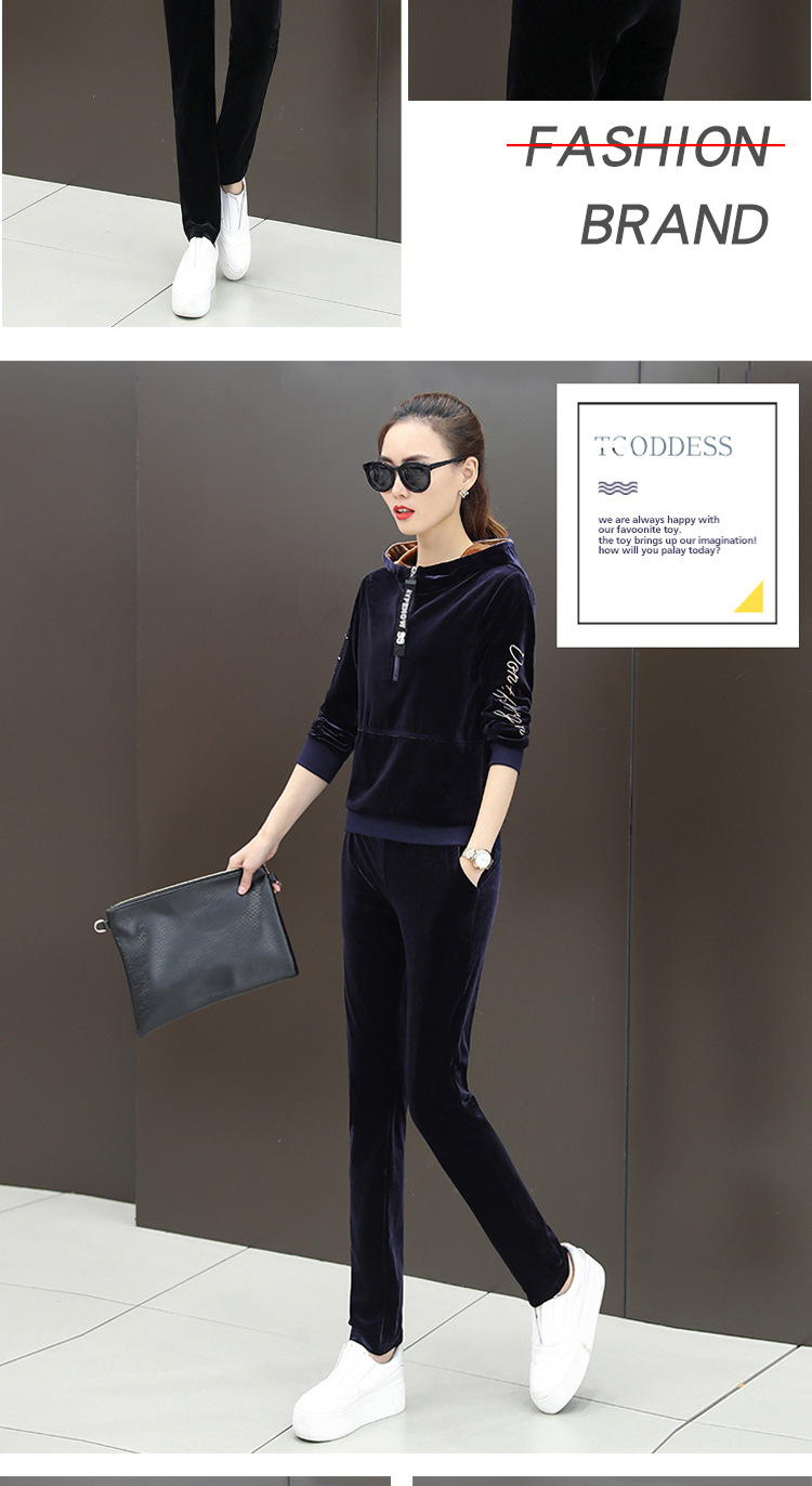 Velvet sportswear for women, 2020 spring and winter, hooded fashion, Korean-style plus-size sweatshirt, casual two-piece set, trendy pic 15