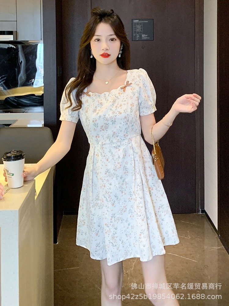 Early spring petite elegant dress for women 2023 summer waist-cinching and slimming lady chiffon floral mid-length dress pic 3