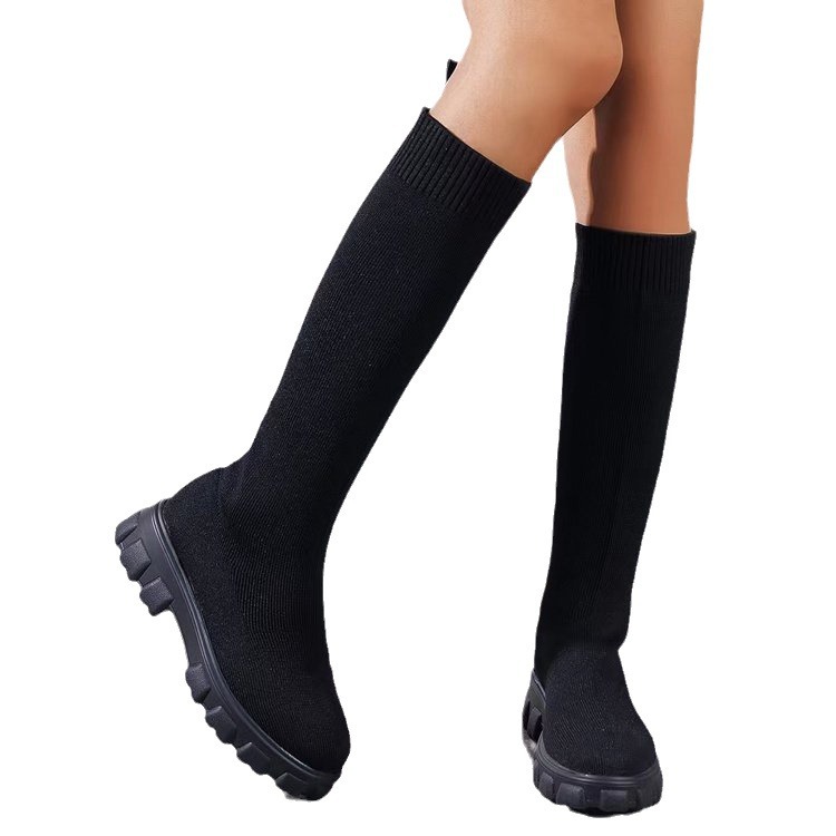 跨境外贸大码飞织中筒袜靴女2024秋冬欧美时尚新款圆头粗跟马丁靴详情4