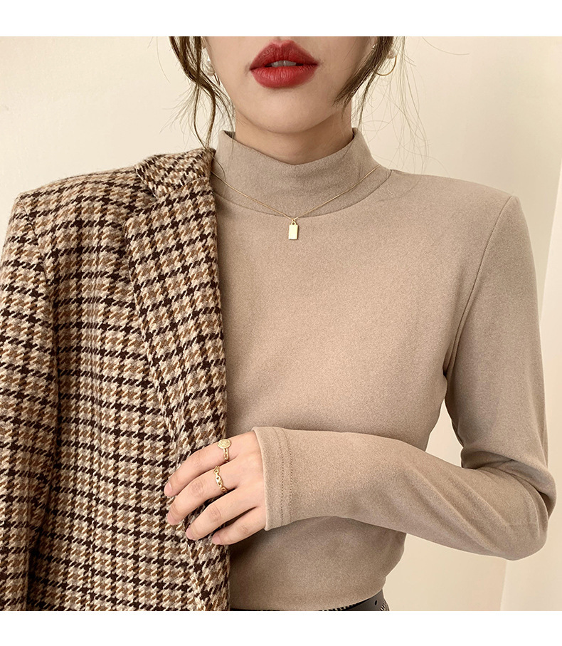 A German velvet semi-high-neck white base layer for women, paired with a stylish, thickened, brushed, and form-fitting mid-neck base layer for autumn and winter pic 48