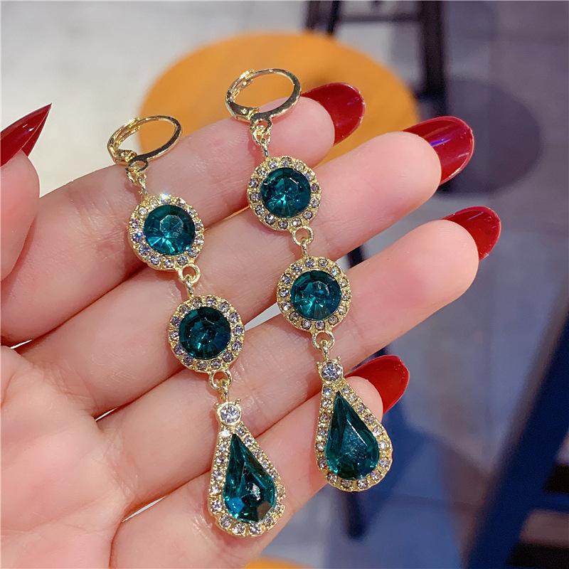 S925银针气质奢华绿色锆石耳扣新款高级水滴时尚百搭女耳环耳饰品详情7