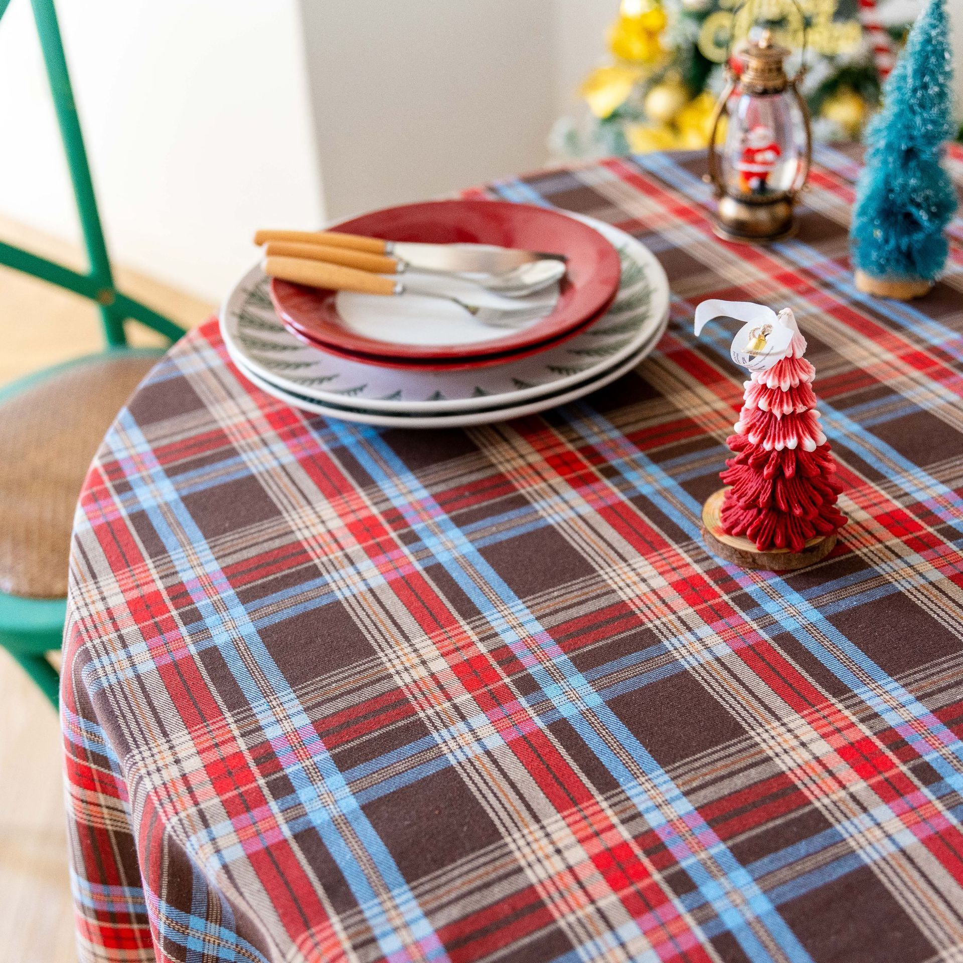 Tablecloth, coffee table, cotton and linen decorative table, ins style best-selling rectangular retro dining table, festive red Christmas checkered pic 27