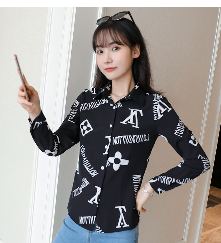 New spring and autumn Korean-style slim-fit shirt for women, long-sleeved printed striped trendy base layer, Hong Kong-style top for women pic 52