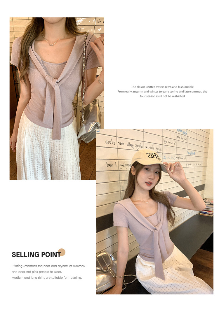 假两件设计感披肩v领短袖t恤女2025夏季新款法式温柔休闲百搭上衣详情11