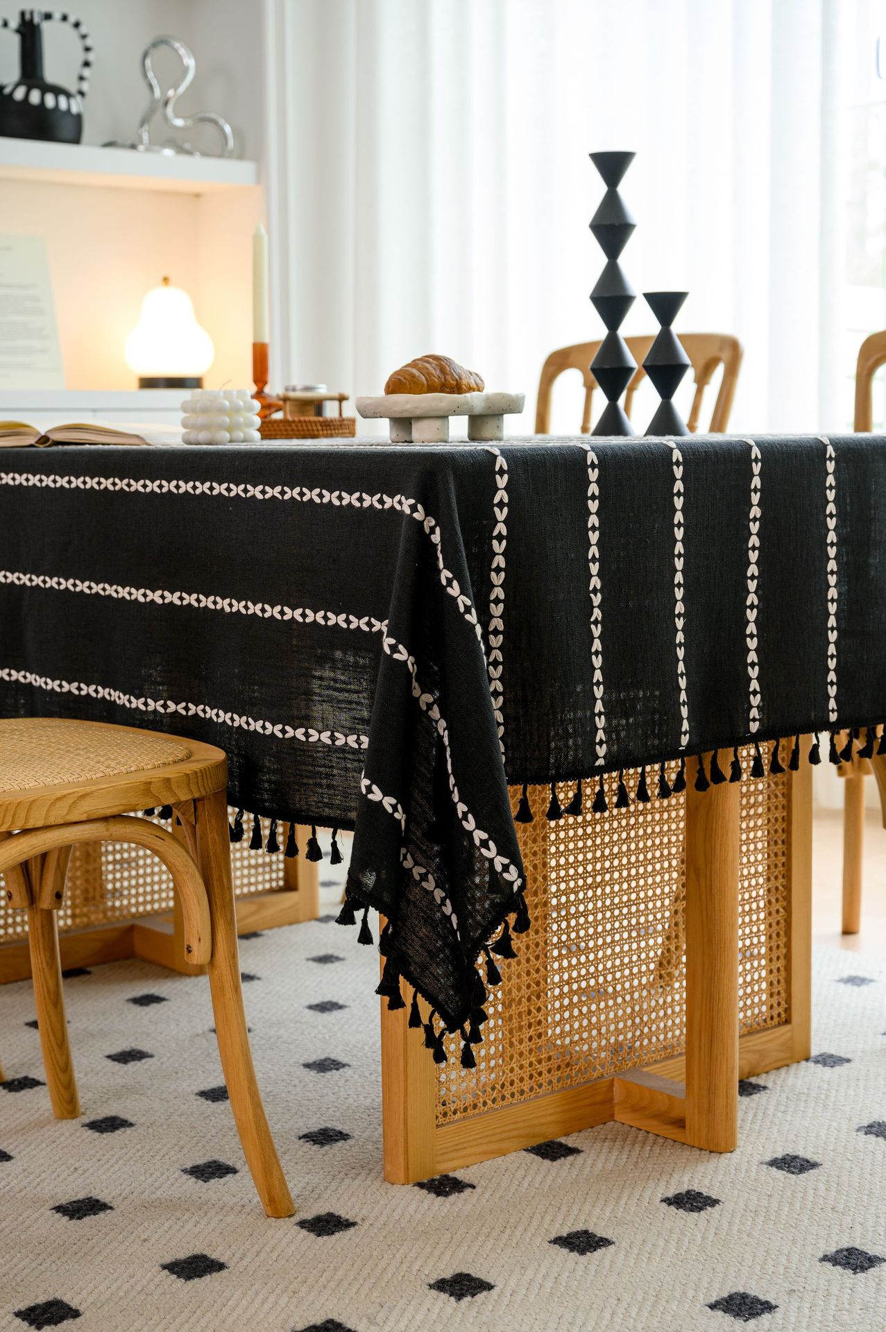 Cross-border three-dimensional embroidered striped tablecloth, popular black solid color, white cotton and linen tablecloth cover, fabric outdoor party pic 25