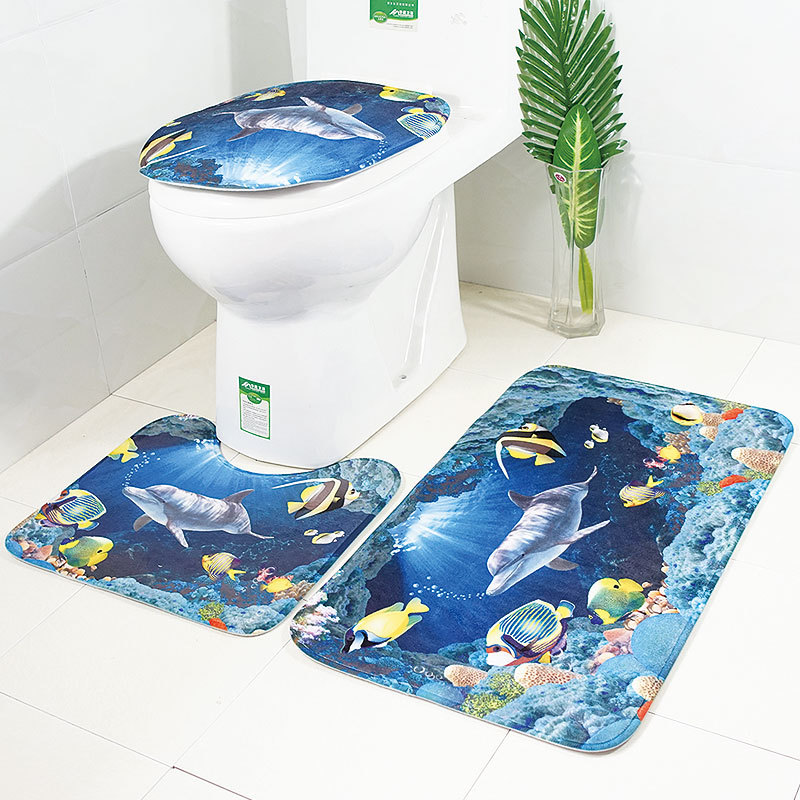 跨境海底世界马桶垫三件套海豚地垫3件套防滑吸水浴室垫wish爆款详情16