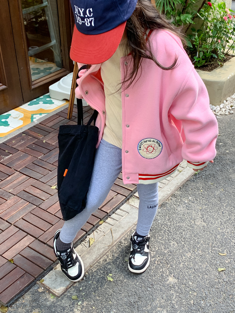 TCkids2022AW Autumn/Winter Edition fleece thickened embroidered label pink baseball jacket pic 18