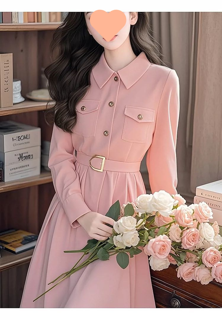 初秋钓系约会裙法式小香风正式场合收腰粉色长袖连衣裙女2024新款详情5