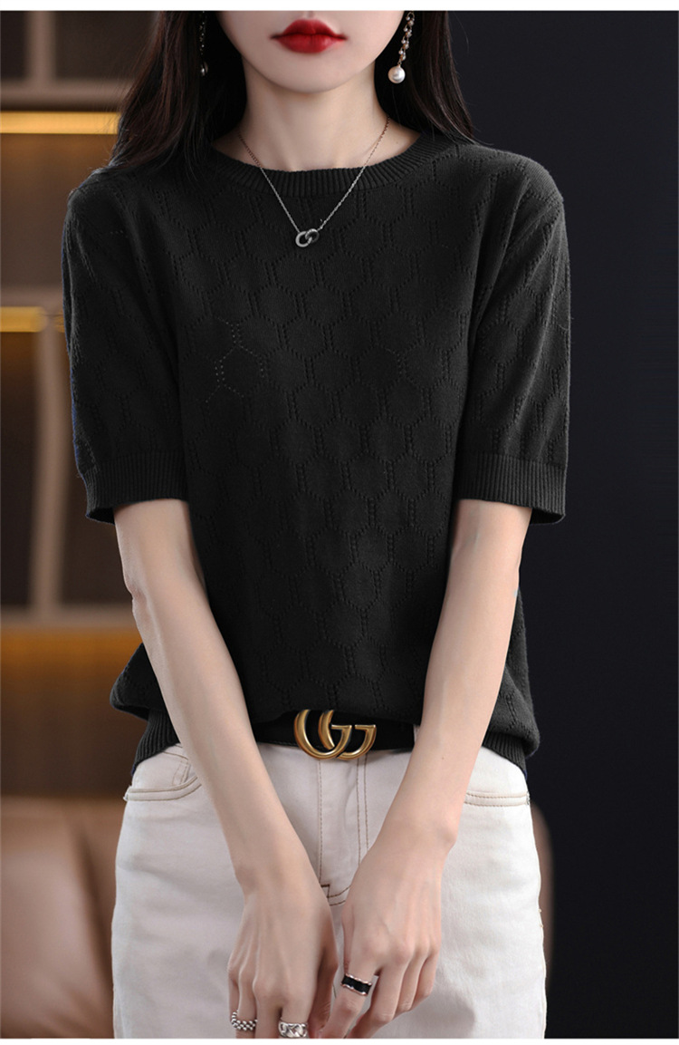 Fashionable hollowed-out cotton thread knitted short-sleeved T-shirt for women 2023 Summer new style round-neck loose T-shirt half-sleeved women's distribution service pic 22