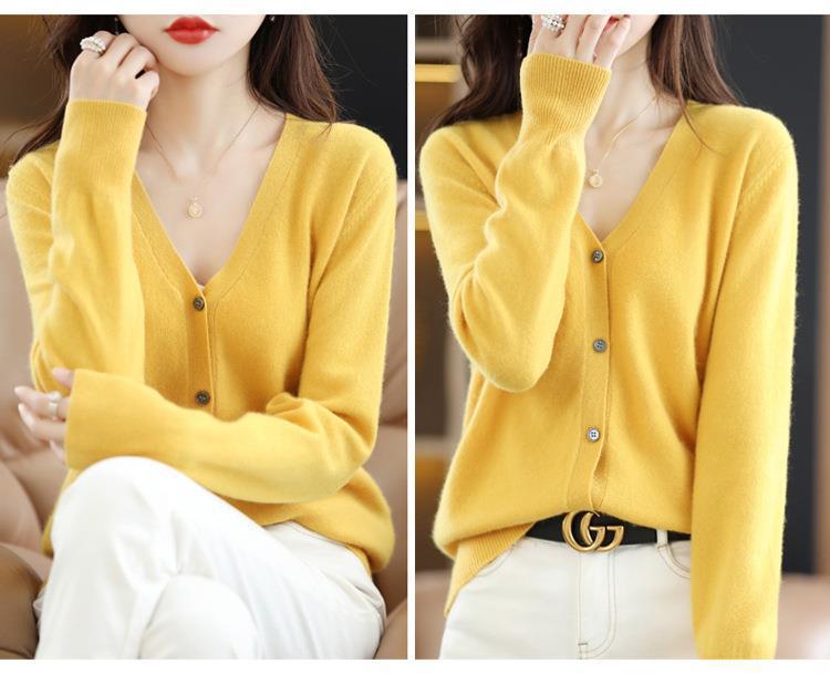 New Spring and autumn knitted cardigan for women, V-neck loose short solid color long-sleeved versatile sweater coat made of wool blend pic 44