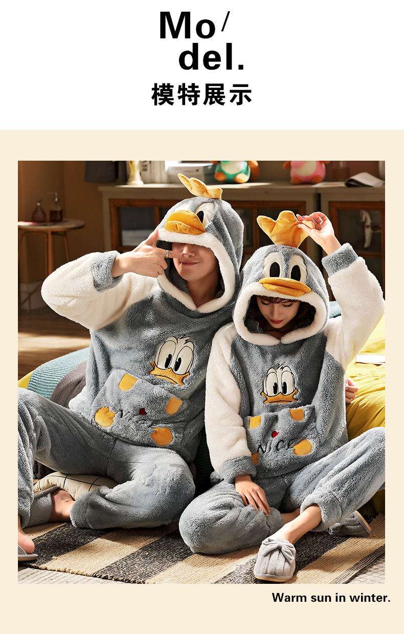 长毛绒冬季卡通情侣加厚加绒睡衣女帽子外穿法兰绒套装男士家居服详情56