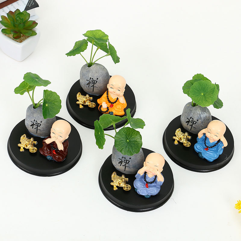 汽车小摆件禅意古风荷叶仿真绿植铜钱草佛珠小和尚车载中控台装饰详情10